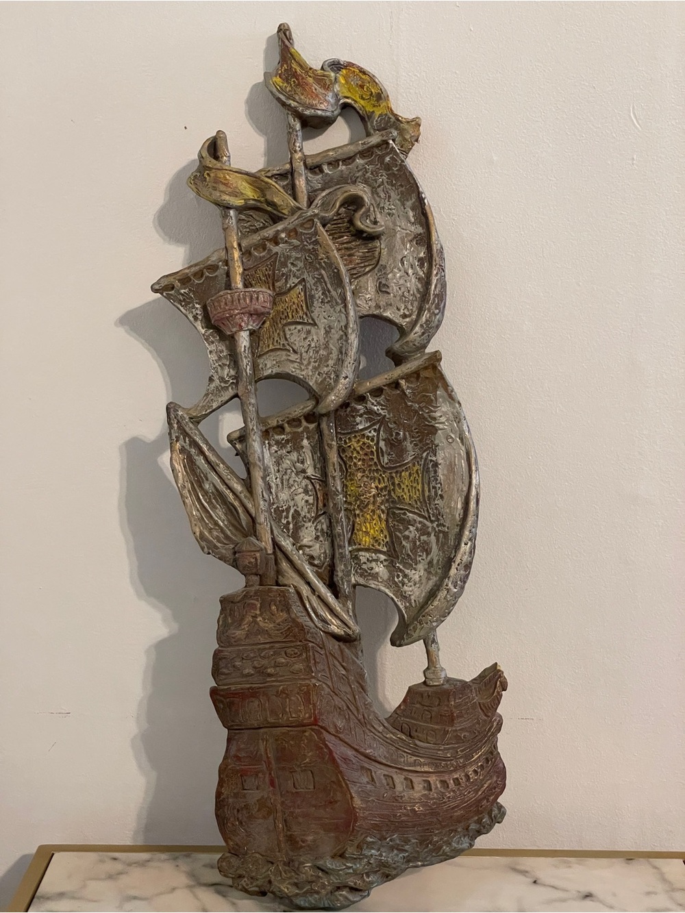 Vintage MCM Spanish Galleon Ship Wall Sculpture Resin Chalkware Distressed Gold